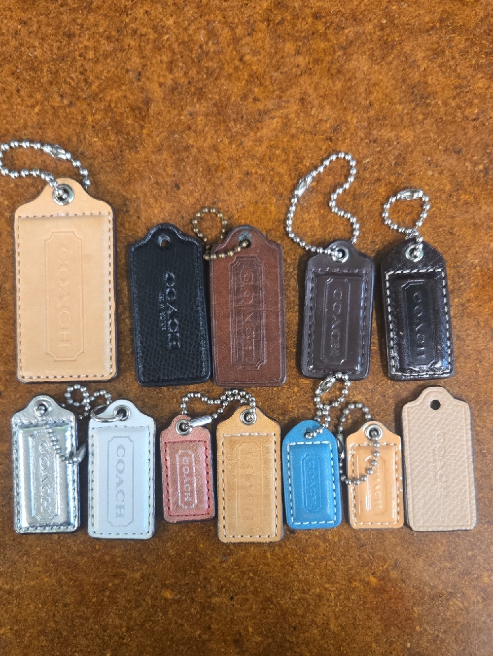 COACH Leather Key & Card Holders - Tan, Black, Brown, Blue, Silver, White, Pink